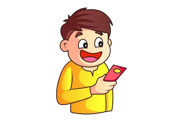 Illustration Vectorielle Dessin Animé Boy Tient Téléphone Portable Main Isolé — Image vectorielle