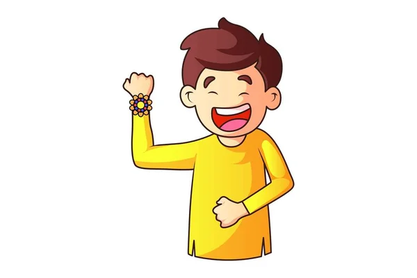 Vektorová Kreslená Ilustrace Chlapec Šťastný Ukazuje Rakhi Ruce Izolováno Bílém — Stockový vektor