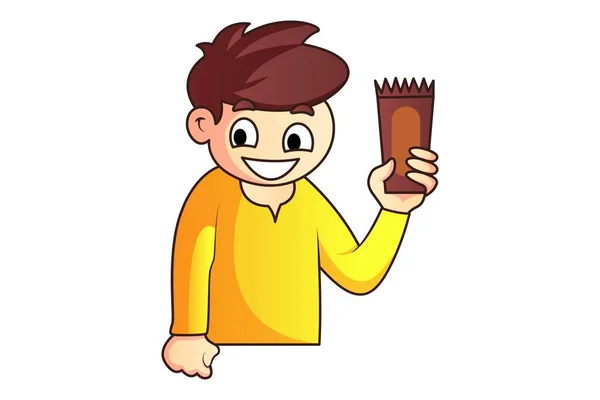 Vektor Cartoon Illustration Eines Jungen Mit Geschenk Der Hand Isoliert — Stockvektor