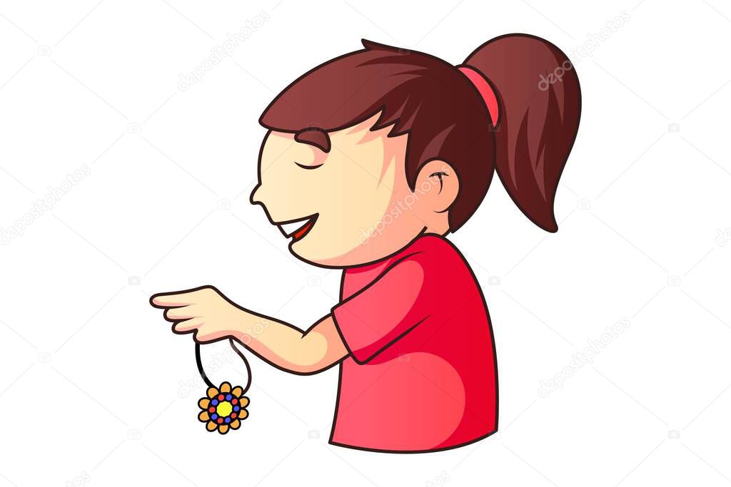 Vector cartoon illustration. A girl is holding rakhi in hand. Isolated on a white background.