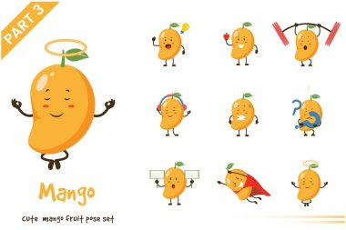 Çizgi film sevimli mango meyvesi pozlarının vektör çizimi. Beyaz arkaplanda izole.