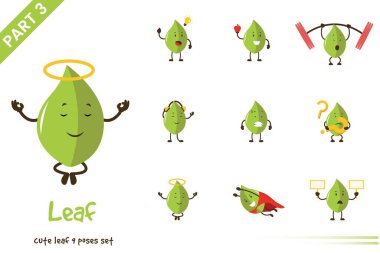 Çizgi filmlerdeki sevimli yaprak pozlarının vektör çizimi. Beyaz arkaplanda izole.