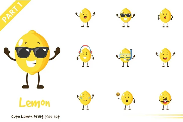 Vektor Cartoon Illustration Von Niedlichen Zitronenfrucht Posen Gesetzt Isoliert Auf — Stockvektor