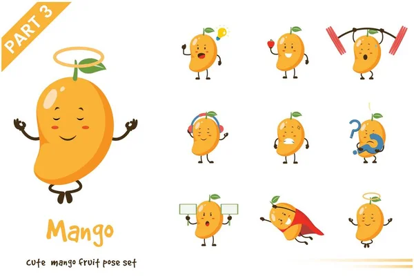 Vektor Illustration Von Cartoon Niedlichen Mango Frucht Posen Gesetzt Isoliert — Stockvektor