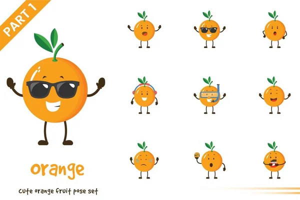 Vektor Cartoon Illustration Von Niedlichen Orangefarbenen Frucht Posen Gesetzt Isoliert — Stockvektor