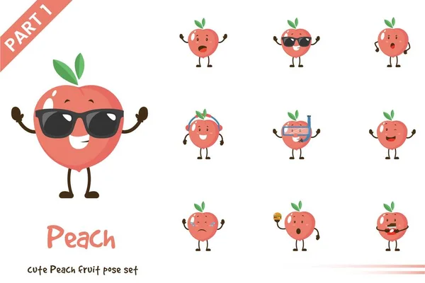 Vector Cartoon Illustratie Van Schattige Perzik Fruit Poses Set Geïsoleerd — Stockvector