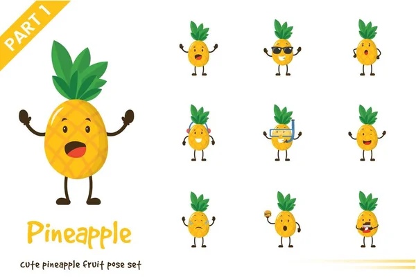 Vector Cartoon Illustratie Van Schattige Ananas Fruit Poses Set Geïsoleerd — Stockvector