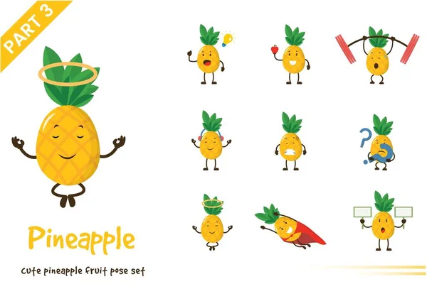 Vector Illustratie Van Cartoon Schattig Ananas Fruit Poses Set Geïsoleerd — Stockvector
