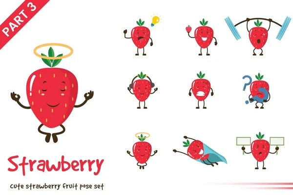 Vector Illustratie Van Cartoon Schattig Aardbeien Fruit Poses Set Geïsoleerd — Stockvector