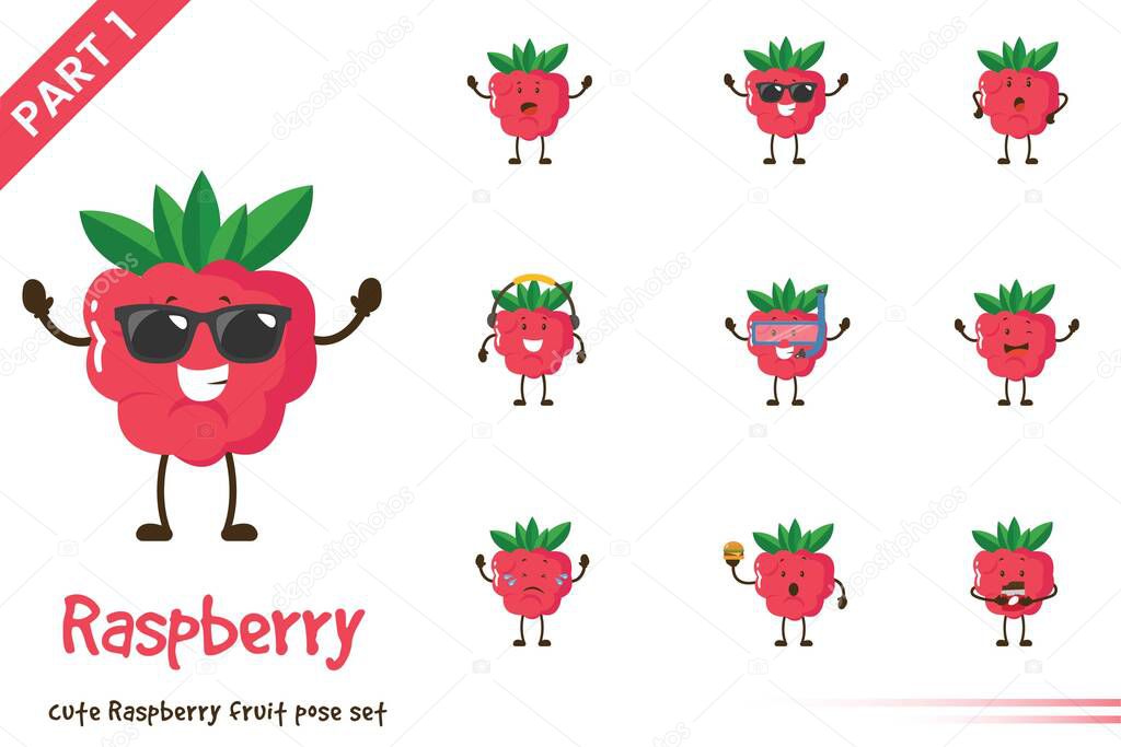 Vector cartoon illustration of cute raspberry fruit poses set. Isolated on white background.