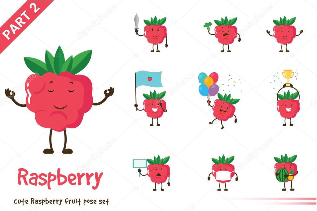Vector illustration of cute raspberry fruit poses set. Isolated on white background.