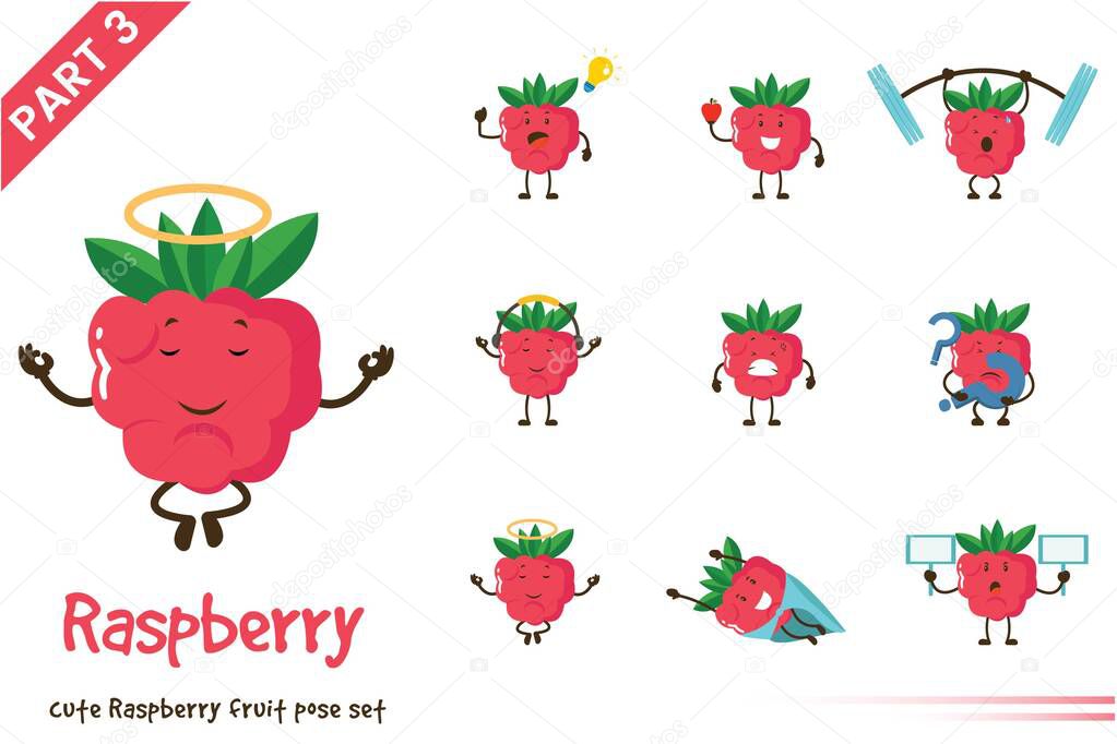 Vector illustration of cartoon cute raspberry fruit poses set. Isolated on white background.