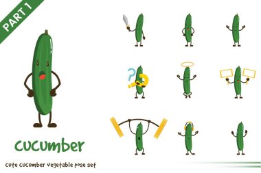 Tatlı salatalık sebze pozlarının vektör çizimi. Beyaz arkaplanda izole.