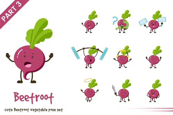 Vektor Illustration Von Cartoon Niedlichen Rote Bete Gemüse Posen Gesetzt — Stockvektor