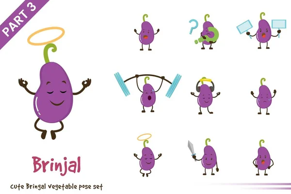 Vektor Ilustrasi Kartun Cute Brinjal Pose Sayuran Ditetapkan Terisolasi Pada - Stok Vektor