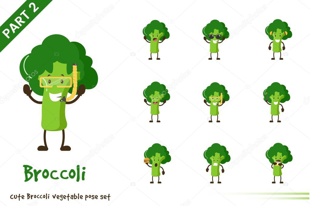 Vector illustration of cartoon cute broccoli vegetable poses set. Isolated on white background.