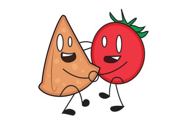Vektör karikatür çizimi. Samosa domatesle dans ediyor. Beyaz arkaplanda izole.