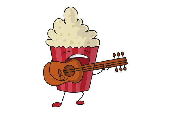 Vector Cartoon Illustratie Popcorn Karakter Houdt Een Gitaar Hand Zingt — Stockvector