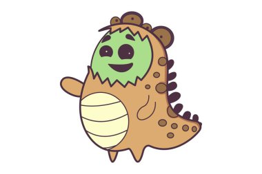 Vektör karikatür çizimi. Canavar bir dinozor elbisesi giyiyor. Beyaz arkaplanda izole.