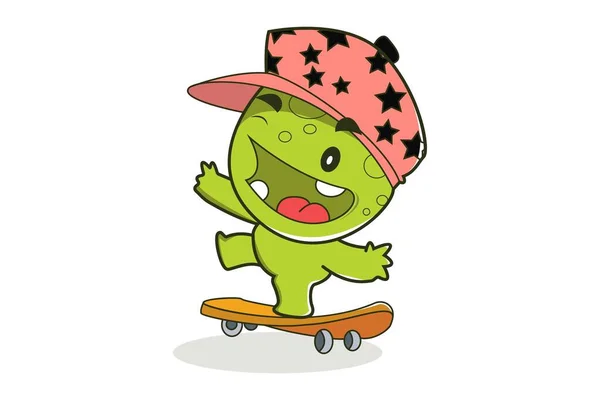 Ilustração Desenho Animado Vetorial Monstro Está Usando Boné Montando Skate —  Vetores de Stock