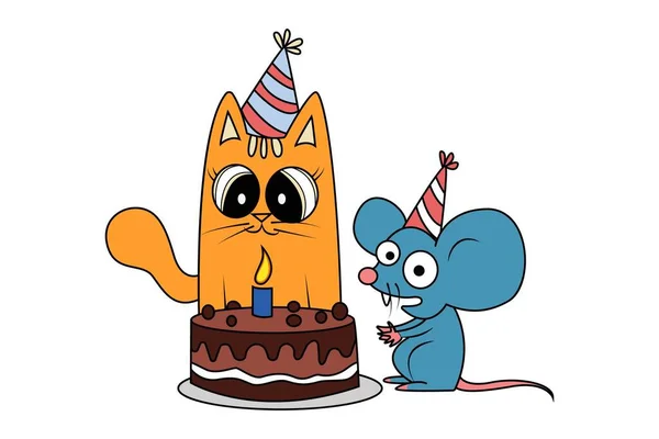 Ilustración Dibujos Animados Vectoriales Gato Ratón Están Mirando Pastel Cumpleaños — Archivo Imágenes Vectoriales