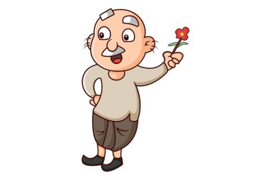 Vektör karikatür çizimi. Yaşlı adam elinde çiçekler tutuyor. Beyaz arkaplanda izole.