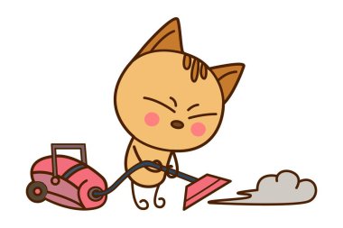 Vektör karikatür çizimi. Şirin kedi elektrikli süpürgeyle temizlik yapıyor. Beyaz arkaplanda izole.