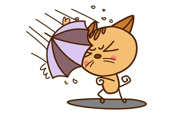 ベクトル漫画イラスト 猫は傘を持っていると強く雨の中に立っている 白地に隔離された — ストックベクタ