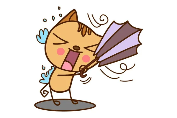 ベクトル漫画イラスト 猫は傘を持って雨の中で立ち往生している 白地に隔離された — ストックベクタ