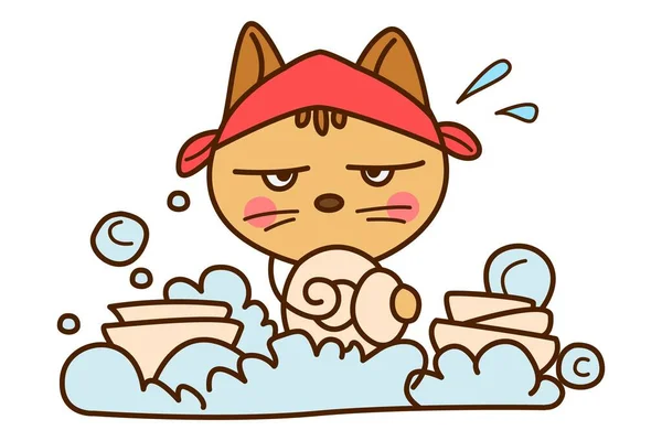 ベクトル漫画イラスト かわいい猫は食器を洗うことです 白地に隔離された — ストックベクタ