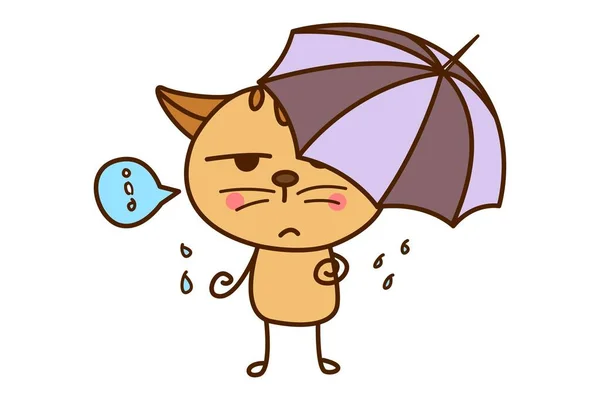 ベクトル漫画イラスト かわいい猫は雨の中で傘を持っている 白地に隔離された — ストックベクタ