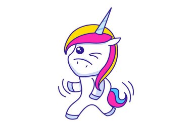 Vektör karikatür çizimi. Tek boynuzlu at bir gözünü kırpıyor. Beyaz arkaplanda izole.