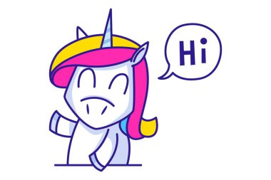Vektör karikatür çizimi. Unicorn selam söylüyor. Beyaz arkaplanda izole.