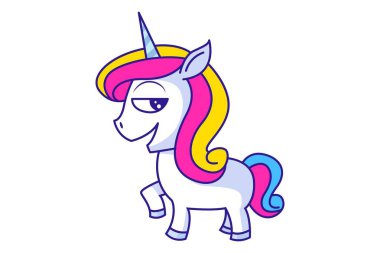 Vektör karikatür çizimi. Tek boynuzlu at mutlu. Beyaz arkaplanda izole.