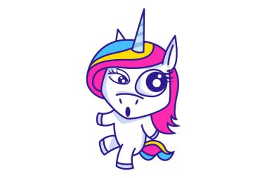 Vektör karikatür çizimi. Tek boynuzlu at şaşırdı. Beyaz arkaplanda izole.