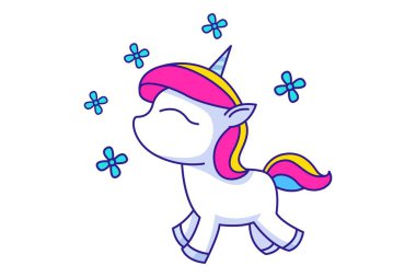 Vektör karikatür çizimi. Tek boynuzlu at kaçıyor. Beyaz arkaplanda izole.