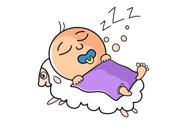 Vektör karikatür çizimi. Şirin çocuk koyunun üstünde uyuyor. Beyaz arkaplanda izole.