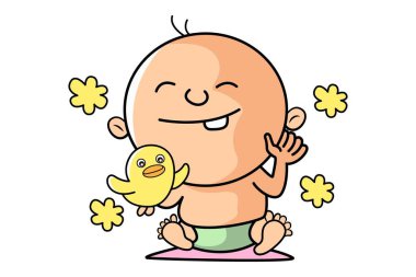 Vektör karikatür çizimi. Şirin çocuk elinde bir ördek oyuncağı tutuyor. Beyaz arkaplanda izole.