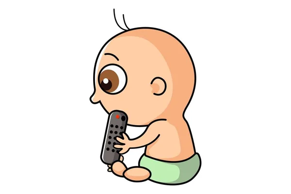 Illustration Vectorielle Dessin Animé Mignon Enfant Tient Une Télécommande Télévision — Image vectorielle