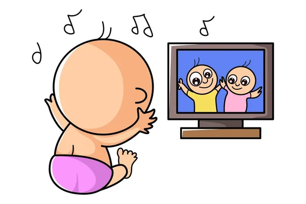 Vector Cartoon Illustratie Schattig Kind Kijkt Televisie Geïsoleerd Witte Achtergrond — Stockvector