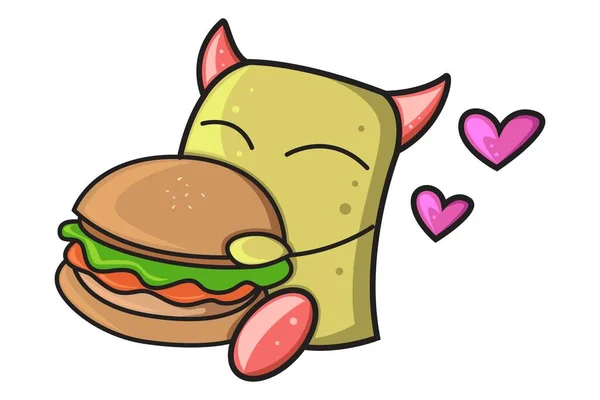Ilustrasi Kartun Vektor Monster Suka Makan Burger Terisolasi Pada Latar - Stok Vektor