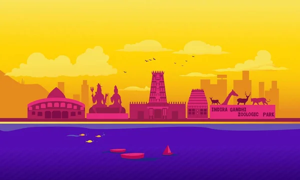 Vector Cartoon Illustratie Van Andhra Pradesh Skyline Geïsoleerd Witte Achtergrond — Stockvector