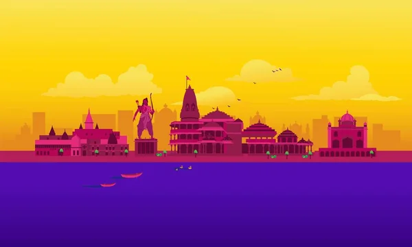 Vektorová Kreslená Ilustrace Panoramatu Ayodhya Izolováno Barevném Pozadí — Stockový vektor