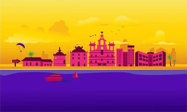 Vector Cartoon Illustratie Van Goa Skyline Geïsoleerd Een Gekleurde Achtergrond — Stockvector