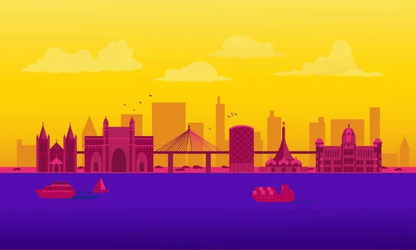 Vector Cartoon Illustratie Van Mumbai Skyline Geïsoleerd Een Gekleurde Achtergrond — Stockvector