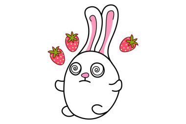 Vektör karikatür çizimi. Tavşancık çilekleri düşünüyor. Beyaz arkaplanda izole.