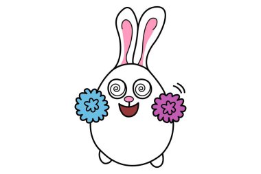 Vektör karikatür çizimi. Şirin tavşancık ponponlarla tezahürat yapıyor. Beyaz arkaplanda izole.