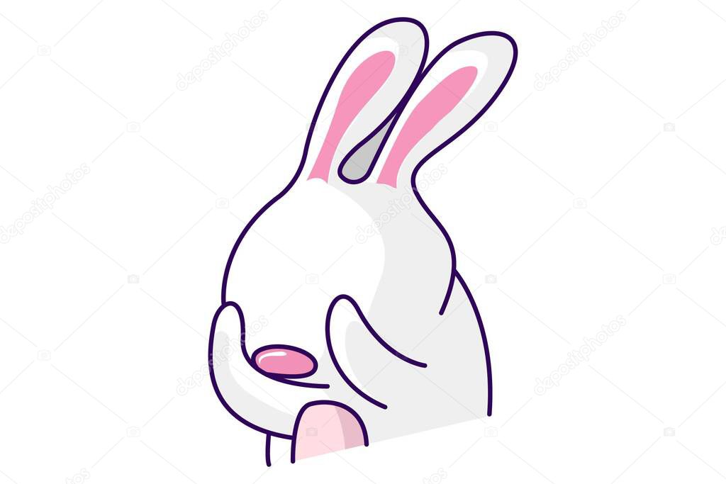 Vector cartoon illustration. Cute bunny is closing its eyes. Isolated on white background.