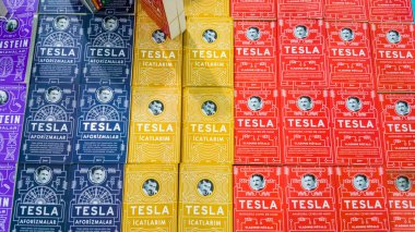 Eskişehir - 09 Ekim 2018: Eskişehir Kitap Fuarı standında sergilenen Nikola Tesla kitaplar