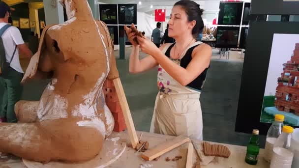 Künstlerin arbeitet beim 12. internationalen eskisehir terra cotta Symposium an ihrer Skulptur — Stockvideo